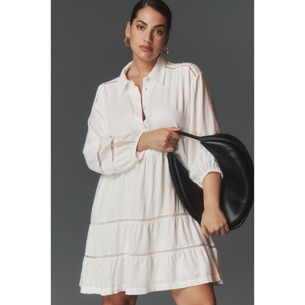 Maeve Bettina White Linen Blend Tiered Ladder Lace Mini Dress M